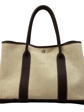 HERMES Garden Party PM Cream Dark Brown Toile H Buffle Square J Tote Bag